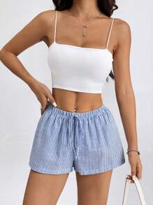 SHEIN PETITE Women's Striped Low-Rise Shorts For Summer Vacation Beach