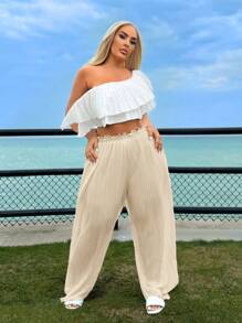 SHEIN SXY Plus Size Pleated Wide Leg Pants For Summer Vacation - Beige - View 3