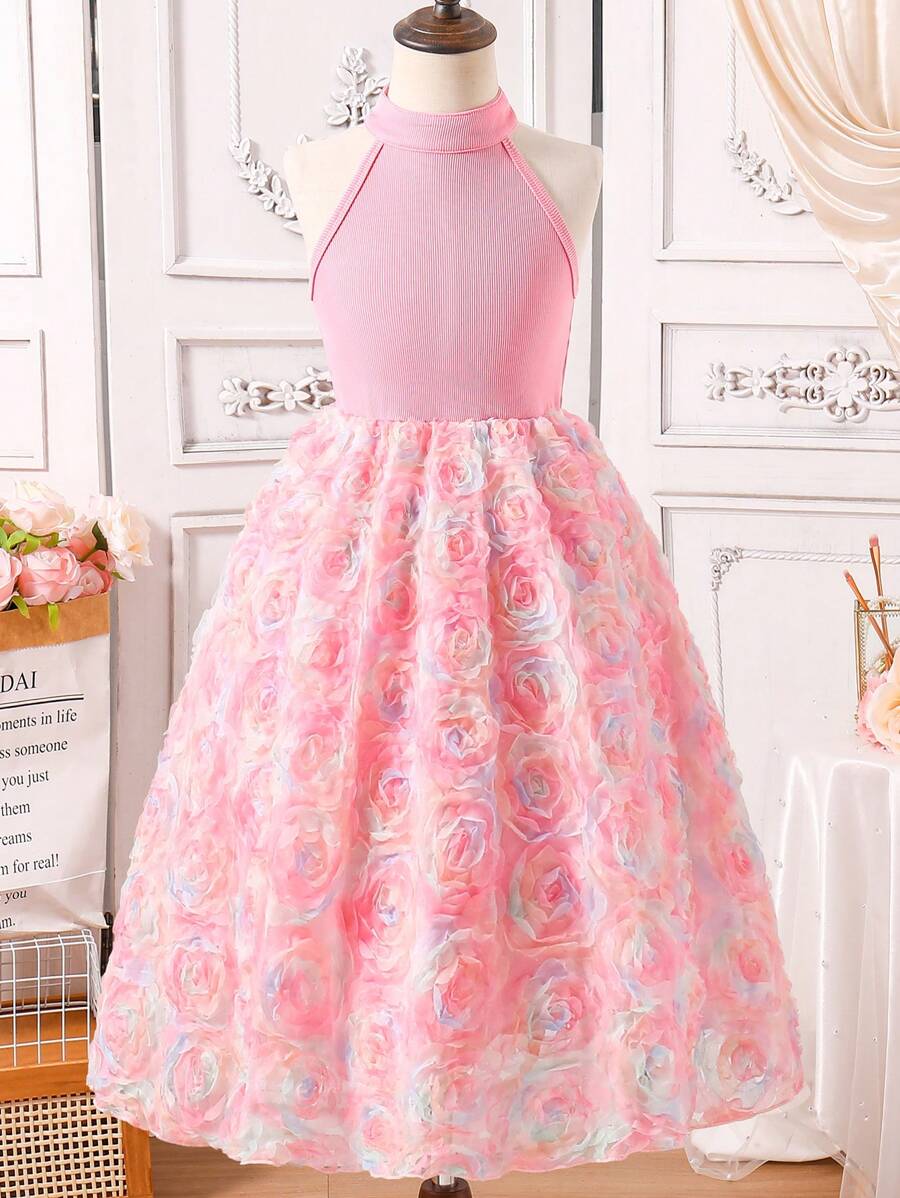 Tween Girls Sukienka z aplikacjami i kontrastową siateczką z dekoltem typu halter