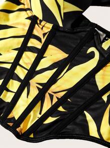 SHEIN SXY 有墊內置胸墊可拆卸內襯杯不可拆卸內襯女士假期熱帶植物印花不對稱擺緊身背心上衣 - 黑色 - 查看 10