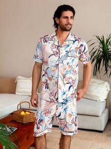 Manfinity ChillVibe Men Tropical Print Contrast Piping Top & Shorts PJ Set / Pajama Set - Multicolor - View 5