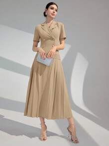 Modelyn Lapel Collar Double Breasted Pleated Hem Arabian Dress Long Evening Dresses