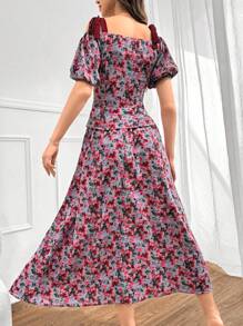 Seusyu Ensemble haut et jupe pour femmes à lien d'épaule imprimé de fleurs et noué, à plis