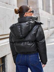 EURMUSE Shiny Printed Crop Puffer Coat In Black - Black - View 1