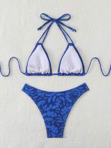 SHEIN Swim 夏季沙灘女性度假植物印花領口頸帶比基尼套裝 - 彩色 - 查看 7