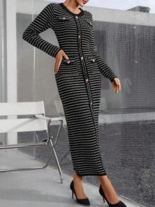 女士春秋圆领长袖条纹优雅针织连衣裙（随机条纹）