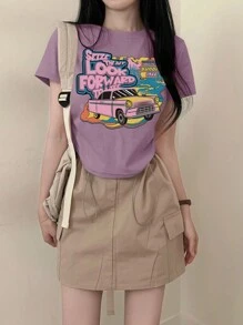 DAZY 女式夏季休闲 T 恤，带汽车和标语印花，短袖，圆领图案 T 恤，教师服装 - 紫色 - 查看 3