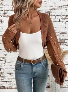 SHEIN Clasi Áo len cardigan đính hạt thanh lịch cho nữ trang phục Halloween mùa thu cho nữ quần áo mùa thu - Màu Khaki - Xem 3