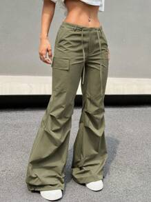 SHEIN EZwear 女士低腰蝴蝶結束帶運動員貨物褲 - 軍綠色 - 查看 4