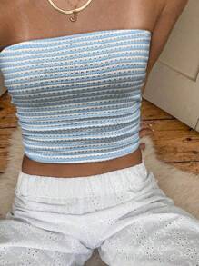 INAWLY Summer Color-Block Textured Open Shoulder Women's Tube Top