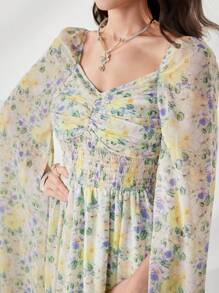 Mulvari Floral Print Ruched Bust Split Sleeve Arabian Dress