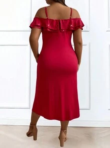 SHEIN Unity Vestido de verano de tirantes elegante y elegante con abertura en el bajo y detalles de diamantes brillantes para ropa de Año Nuevo en tallas grandes - Rojo - Ver 3