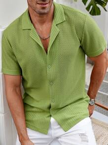 Manfinity Homme Camisa de manga corta transpirable con botones y textura sólida para hombre en verano - Verde - Ver 1