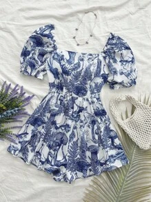 Soleia 女式藍白印花蓬蓬袖方領收腰A字裙，適合於度假 - 藍色 - 查看 1