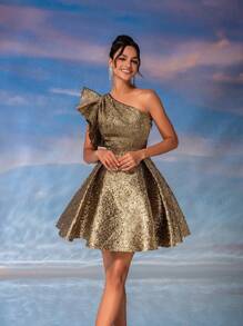 SHEIN Belle Đầm ngắn dự tiệc cocktail bằng vải satin màu vàng kim sang trọng một vai - Vàng - Xem 5