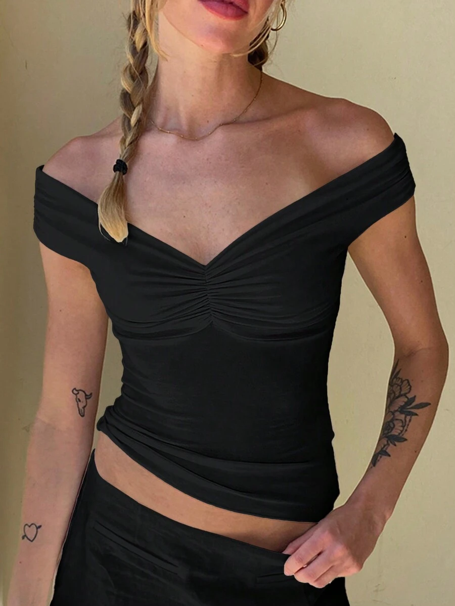 Mystra Damen einfarbiges minimalistisches V-Ausschnitt Off-Shoulder Top für den täglichen Gebrauch