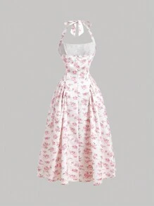 SHEIN MOD 浪漫粉色花卉印花胸前荷叶边装饰连衣裙，带有层叠荷叶边和宫廷风格，适合女性 - 杏色 - 查看 2
