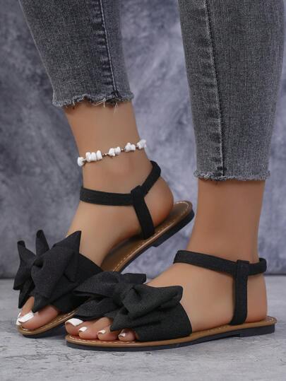 Pantofole piatte da donna, sandali all'aperto con motivo a fiocco, scarpe estive casuali, pantofole leggere