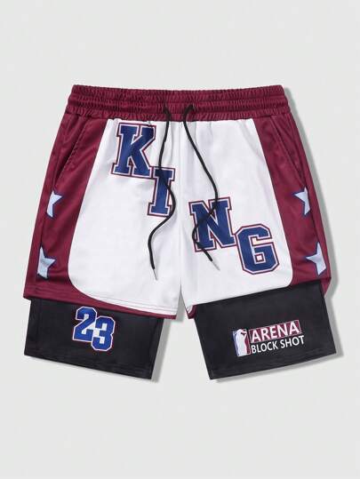 ROMWE MEN Prep 男士二合一校园印花透气短裤，适合春夏季日常穿着