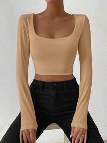 Chiquease Women's Spring And Summer Solid Color Square Neck Long Sleeve Cropped Slim Fit T-Shirt - Khaki - View 6