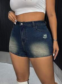 SHEIN ICON Plus High Waist Ripped Denim Shorts For Summer