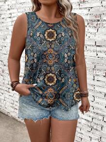 EMERY ROSE Top sin mangas de estilo vintage y casual con estampado para mujeres talla grande, para el verano