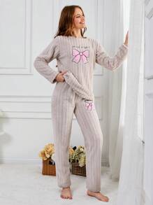 EURMUSE 2Pcs Pelush Ribbon Embroidery Detail PJ Set - Beige - View 3