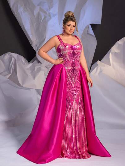 Glamrae Váy dạ hội bồng bềnh bằng vải satin đỏ thanh lịch cỡ lớn có điểm nhấn đính cườm và đuôi váy, hoàn hảo cho tiệc tối sang trọng, váy dự tiệc cưới buổi tối trang trọng, cho lễ tốt nghiệp