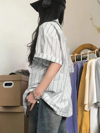 Kvinnors vintagestil japansk skoluniform formell blårandig kortärmad skjorta, sommar