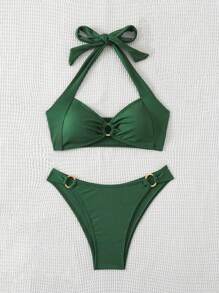 SHEIN Swim Women's Summer Beach Solid Color Circular Link Halter Neck Bikini Set