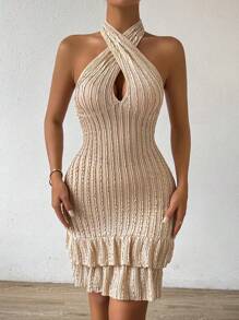 Calvaya Summer Sexy Solid Color Textured Hollow Out Ruffle Hem Backless Bodycon Halterneck Dress