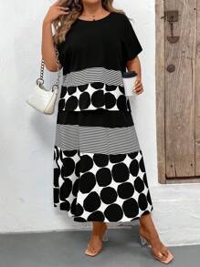 SHEIN LUNE 條紋和波點印花蝙蝠袖T恤和裙子套裝 - 黑與白 - 查看 1