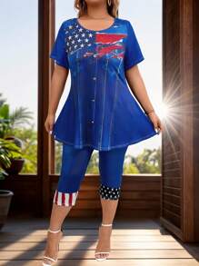 SHEIN LUNE Conjunto de camiseta de manga corta y pantalones cortos con estampado de bandera en talla grande