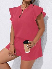 Calvaya Plus Atasan Lengan Kupu-kupu Leher Berlekuk Polos & Celana Pendek untuk Musim Panas - Coral Pink - View 3