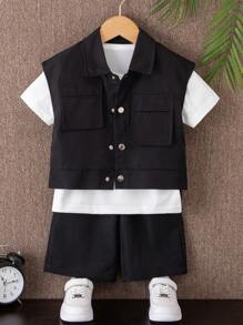 Bộ 3 món thường ngày dành cho nam trẻ với áo vest không tay có cổ, áo thun ngắn tay cổ tròn, quần dài có túi, thích hợp để mặc hàng ngày, thoáng khí và thoải mái cho các hoạt động ngoài trời, du lịch, đi học, hoàn hảo cho học kỳ mùa xuân và mùa thu - màu đen - Xem 1