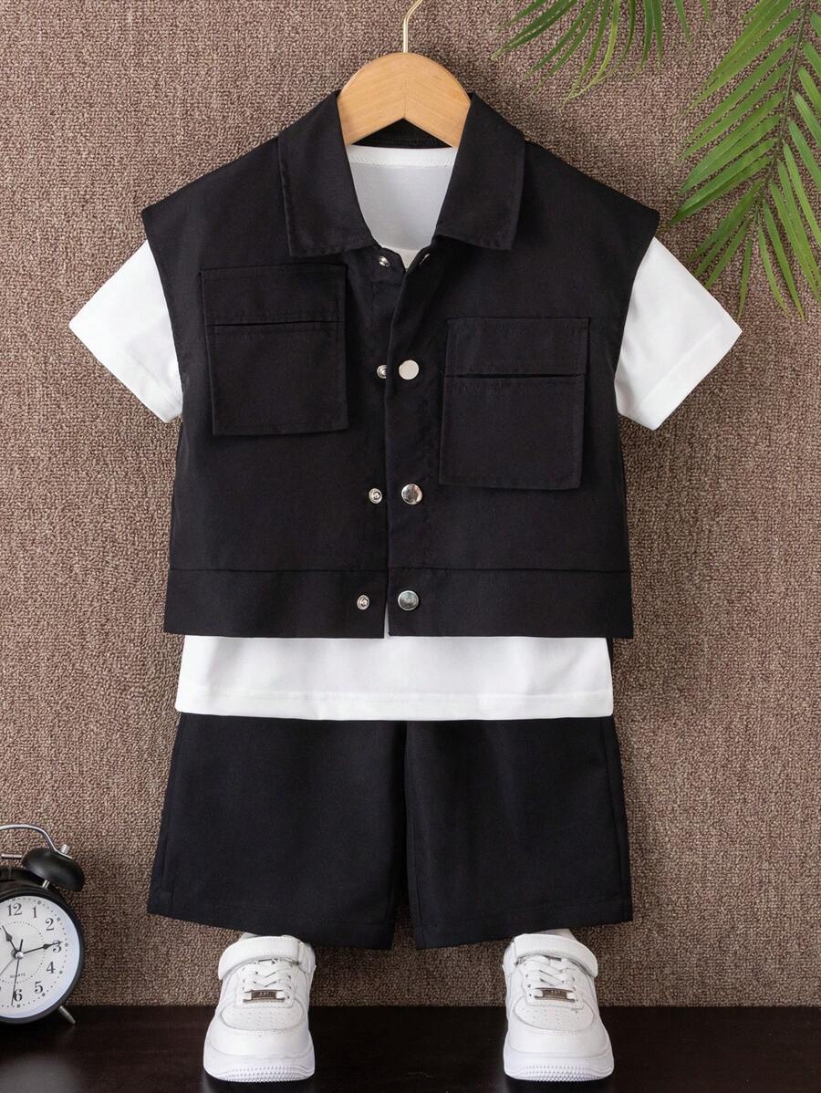 Bộ 3 món thường ngày dành cho nam trẻ với áo vest không tay có cổ, áo thun ngắn tay cổ tròn, quần dài có túi, thích hợp để mặc hàng ngày, thoáng khí và thoải mái cho các hoạt động ngoài trời, du lịch, đi học, hoàn hảo cho học kỳ mùa xuân và mùa thu - màu đen - Xem 1