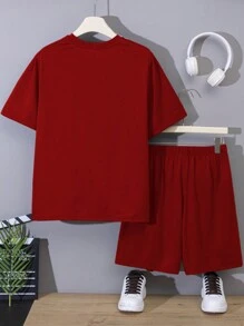SHEIN 2pcs Teen Boys' Casual Color Block Patchwork Printed Round Neck Pullover T-Shirt And Athletic Shorts Set, Spring/Summer - Red - View 2
