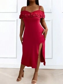 SHEIN Unity Vestido de verano de tirantes elegante y elegante con abertura en el bajo y detalles de diamantes brillantes para ropa de Año Nuevo en tallas grandes - Rojo - Ver 6