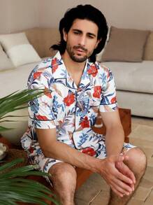 Manfinity ChillVibe Conjunto de ropa de hogar de verano para hombre con estampado floral de manga corta y pantalones cortos