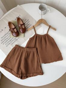 SHEIN LMoss Kids Áo hai dây đơn giản, rộng rãi, thoải mái cho bé gái mùa hè LMoss, quần short gấu xếp, 2 chiếc/bộ - màu nâu - Xem 3