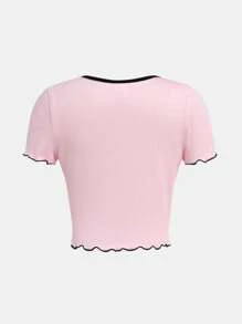 SHEIN Leap Crew 粉色無紋帶蝴蝶結裝飾少女短袖甜美T恤 - 彩色 - 查看 2