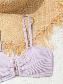 Tween Girl Bikini Set, Striped Texture, Simple Top With Spaghetti Strap, Back Cut-Out And Ruched Bottoms - Mauve Purple - View 3
