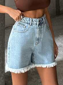Medium Cut-Off Denim Shorts With Distressed Frayed Hem, High Waist - Light Wash - View 7