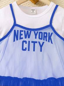 SHEIN Young Girl Warm Vacation Letter Print Short Sleeve Dress And Mesh Ruffle Trim Decorated Spaghetti Strap Dress