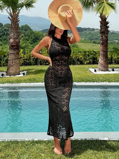 SHEIN Cottnline Women Cover-Up Crochet Knit Heart Knit Design Long Dress, For Summer Beach Vacation