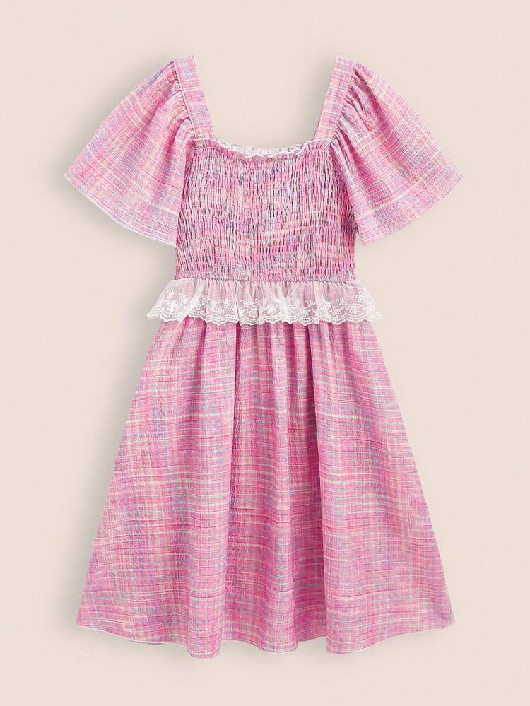 Tween Girl Bubble Plaid Print Square Neck Loose Fit Princess Dress With Shoulder Straps, Vacation Dress