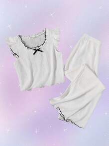 Teen Girls' Simple White Sleeveless Top And Long Pants 2pcs Pajama Set - White - View 1