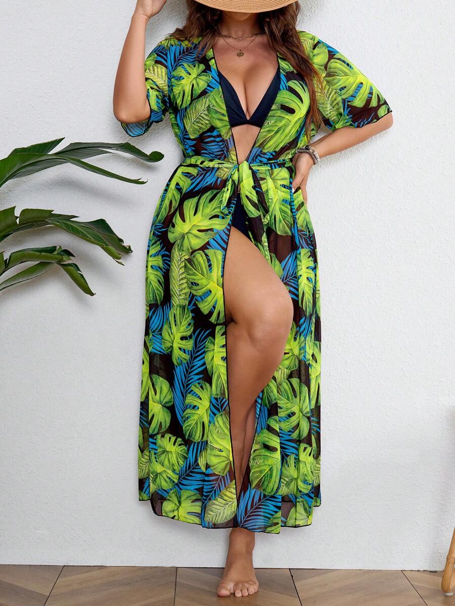 SHEIN Swim Curve Plus Size Tropical Printed Beach Cover-Up Kimono, Summer - Green - View 1