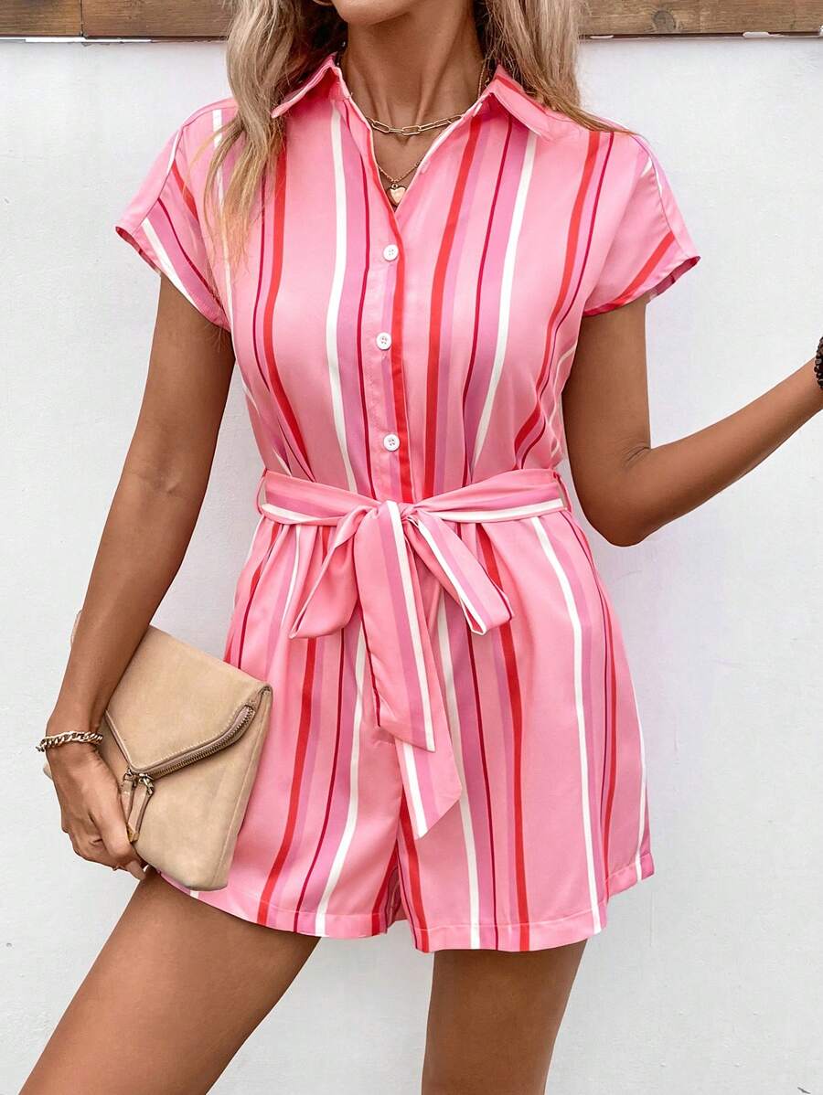 SHEIN LUNE Mono de manga corta casual para mujer con estampado de bloques de color y rayas impresas