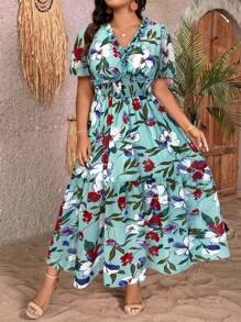 Breezaya Vestido de mangas abullonadas con cuello en V y estampado floral para talla grande
